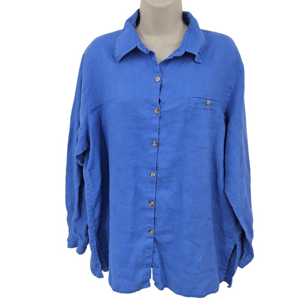 VTG Chico's Design Linen Top Women 2 L Blue Button Up Relaxed Minimalist Coastal
